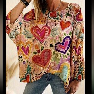 Ivory cream valentine heart eyelet crochet print graphic bubble sleeve sweater